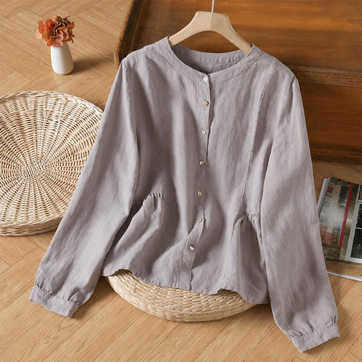 Buddha Stones Spring Fall Casual Minimalist Button-Up Crew Neck Solid Women's Long Sleeve Shirts - LightGrey - US8-10, UK/AU12-14, EU40-42 (2XL) - image 2
