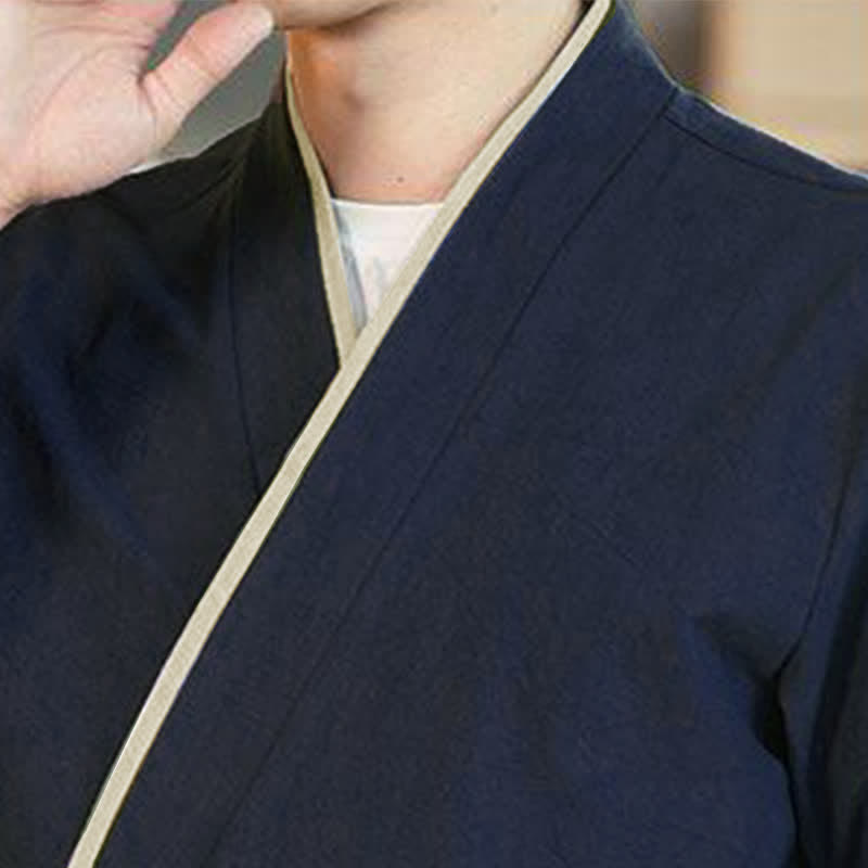 Buddha Stones Summer Tang Style Minimalist Drawstring V-Neck Solid Three-Quarter Sleeve Men's Kimono - image 5