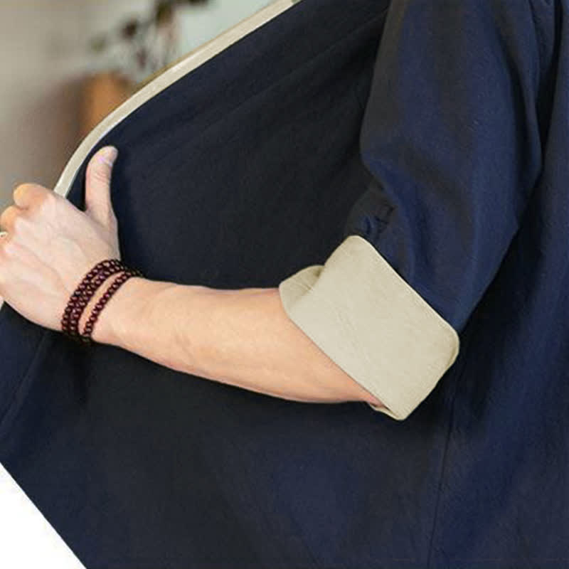 Buddha Stones Summer Tang Style Minimalist Drawstring V-Neck Solid Three-Quarter Sleeve Men's Kimono - image 8