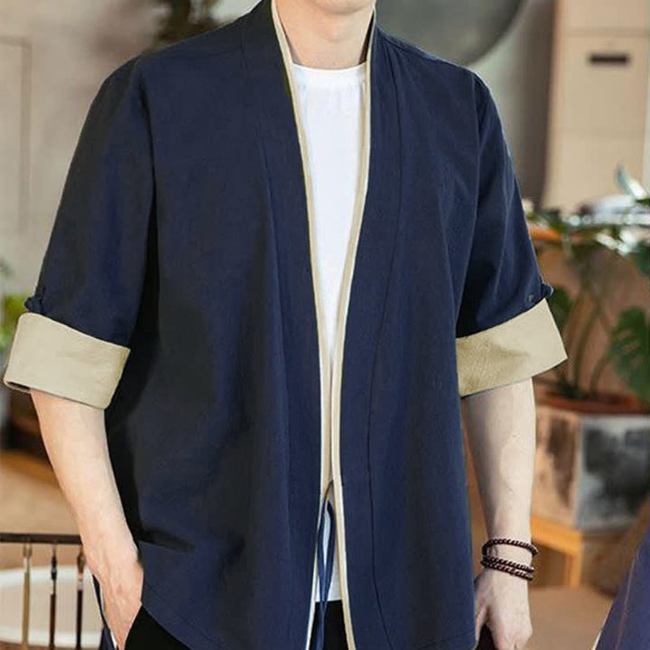 Buddha Stones Summer Tang Style Minimalist Drawstring V-Neck Solid Three-Quarter Sleeve Men's Kimono - image 3