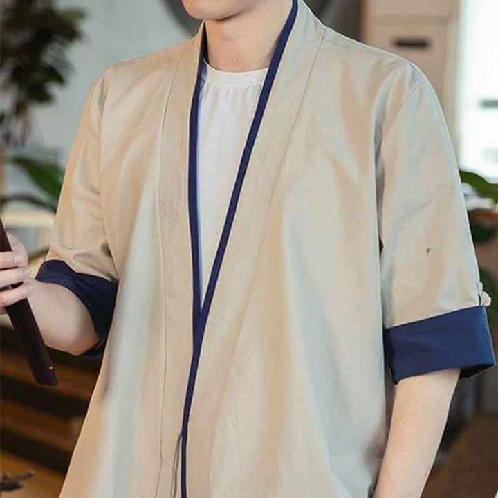 Buddha Stones Summer Tang Style Minimalist Drawstring V-Neck Solid Three-Quarter Sleeve Men's Kimono - image 16