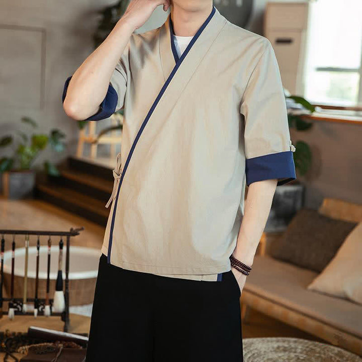 Buddha Stones Summer Tang Style Minimalist Drawstring V-Neck Solid Three-Quarter Sleeve Men's Kimono - image 14