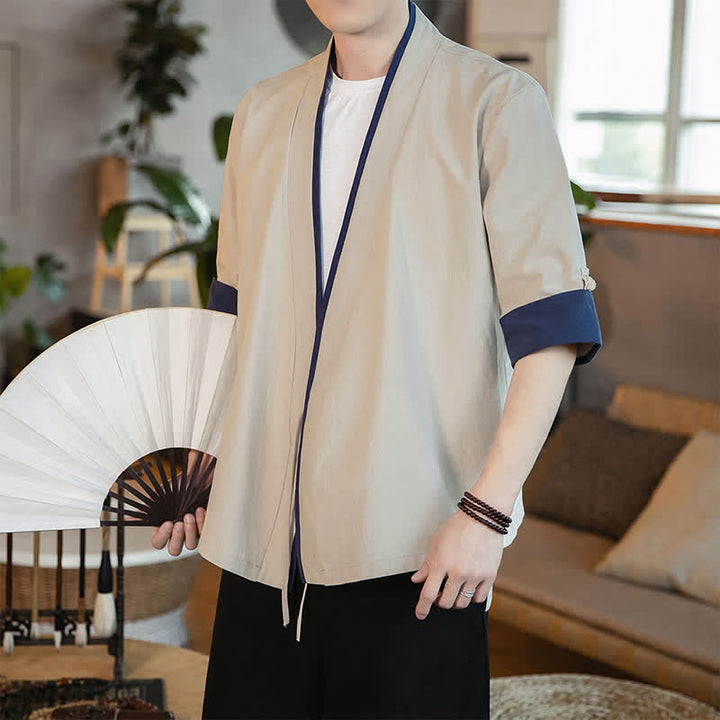 Buddha Stones Summer Tang Style Minimalist Drawstring V-Neck Solid Three-Quarter Sleeve Men's Kimono - image 13
