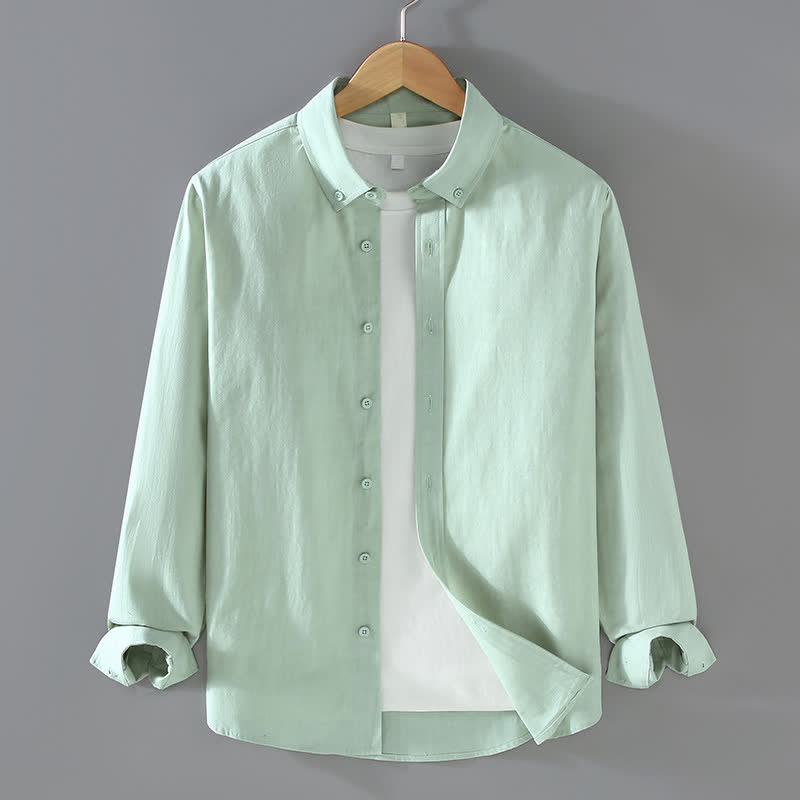 Buddha Stones Spring Fall Casual Minimalist Button-Up Solid Cotton Men's Long Sleeve Shirts - LightGreen - US/UK/AU42, EU52 (3XL) - image 10