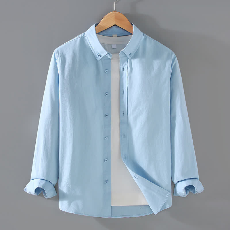 Buddha Stones Spring Fall Casual Minimalist Button-Up Solid Cotton Men's Long Sleeve Shirts - PowderBlue - US/UK/AU42, EU52 (3XL) - image 9