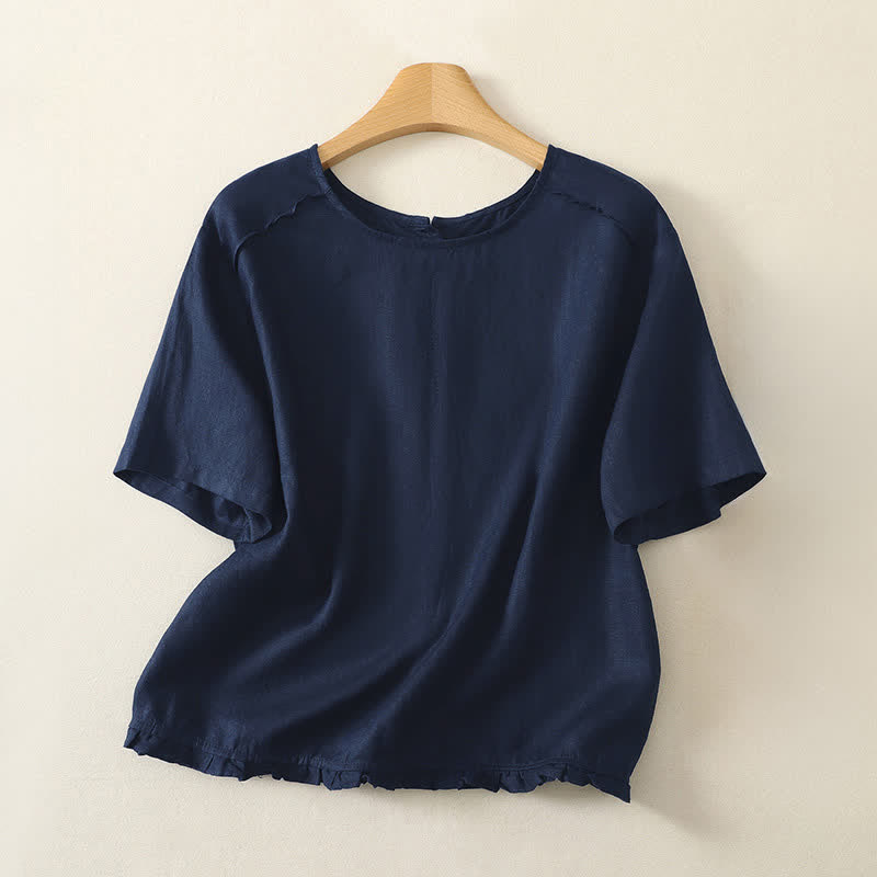 Buddha Stones Summer Casual Minimalist Ruffle Hem Solid Women's Short Sleeve T-Shirts - Navy - US12, UK/AU16, EU44 (2XL) - image 16