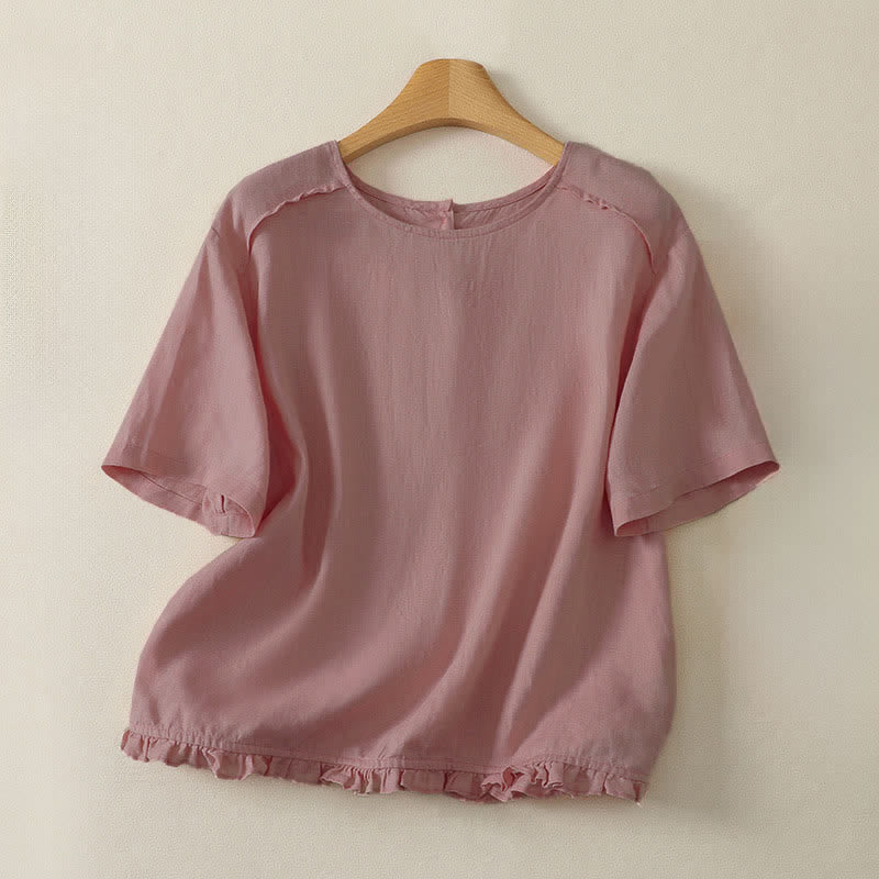 Buddha Stones Summer Casual Minimalist Ruffle Hem Solid Women's Short Sleeve T-Shirts - LightPink - US12, UK/AU16, EU44 (2XL) - image 2