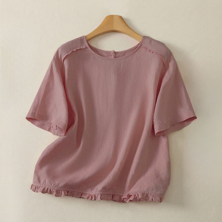 Buddha Stones Summer Casual Minimalist Ruffle Hem Solid Women's Short Sleeve T-Shirts - LightPink - US12, UK/AU16, EU44 (2XL) - image 2