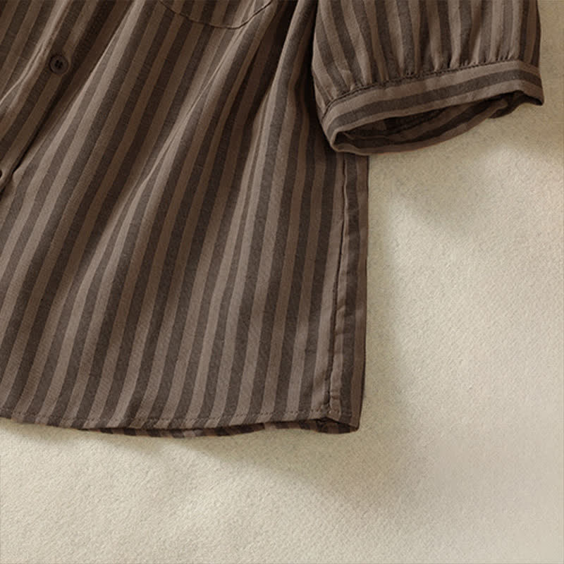 Buddha Stones Summer Casual Button-Up Striped Women's Short Sleeve Shirts With Patch Pocket - image 20