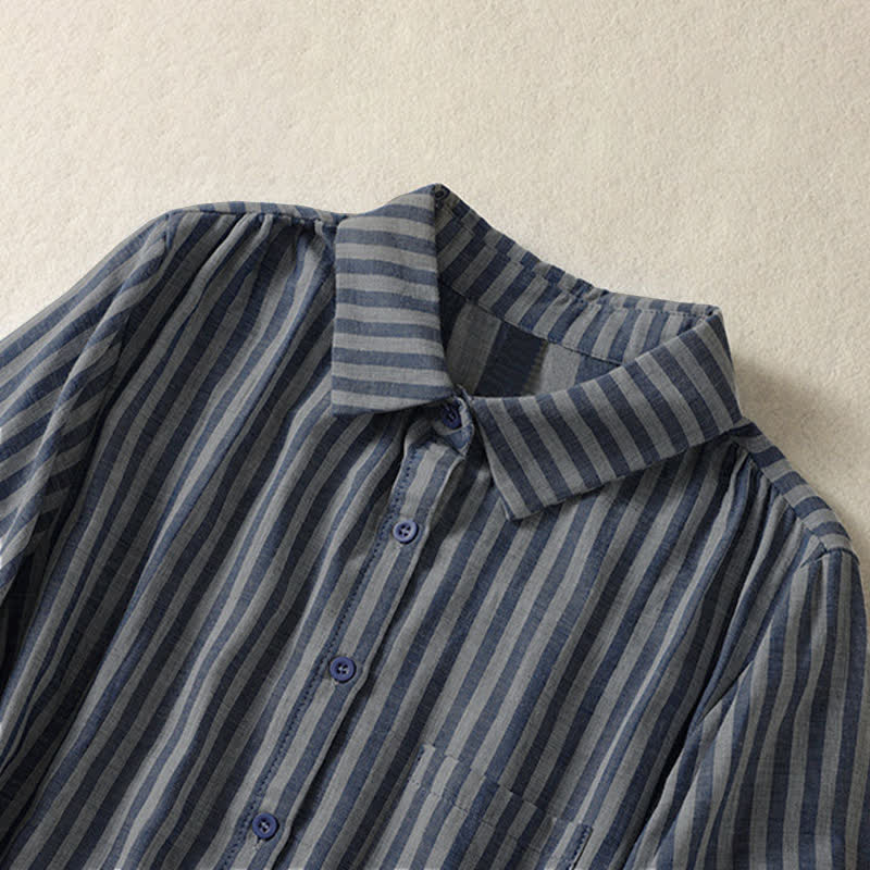 Buddha Stones Summer Casual Button-Up Striped Women's Short Sleeve Shirts With Patch Pocket - image 25