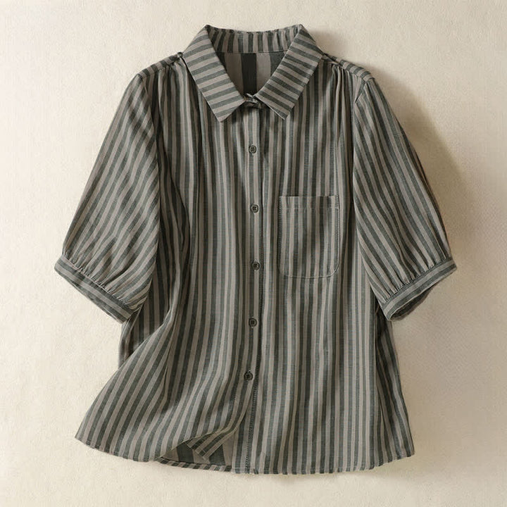 Buddha Stones Summer Casual Button-Up Striped Women's Short Sleeve Shirts With Patch Pocket - OliveDrab - US12, UK/AU16, EU44 (3XL) - image 0