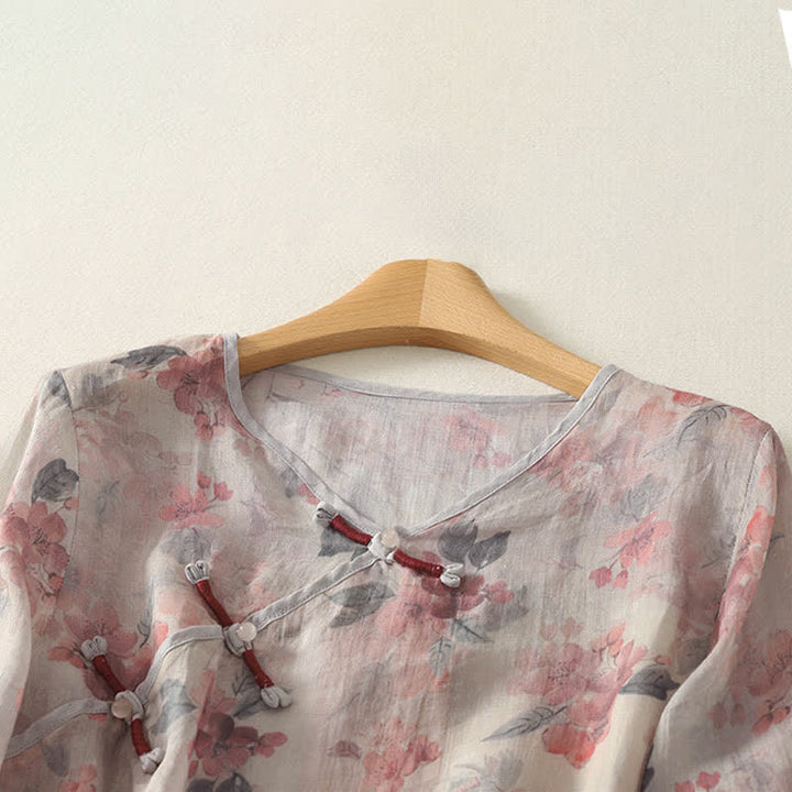 Buddha Stones Summer Tang Style Vintage Frog Button V-Neck Floral Women's Elbow-Length Sleeve Shirts - image 7