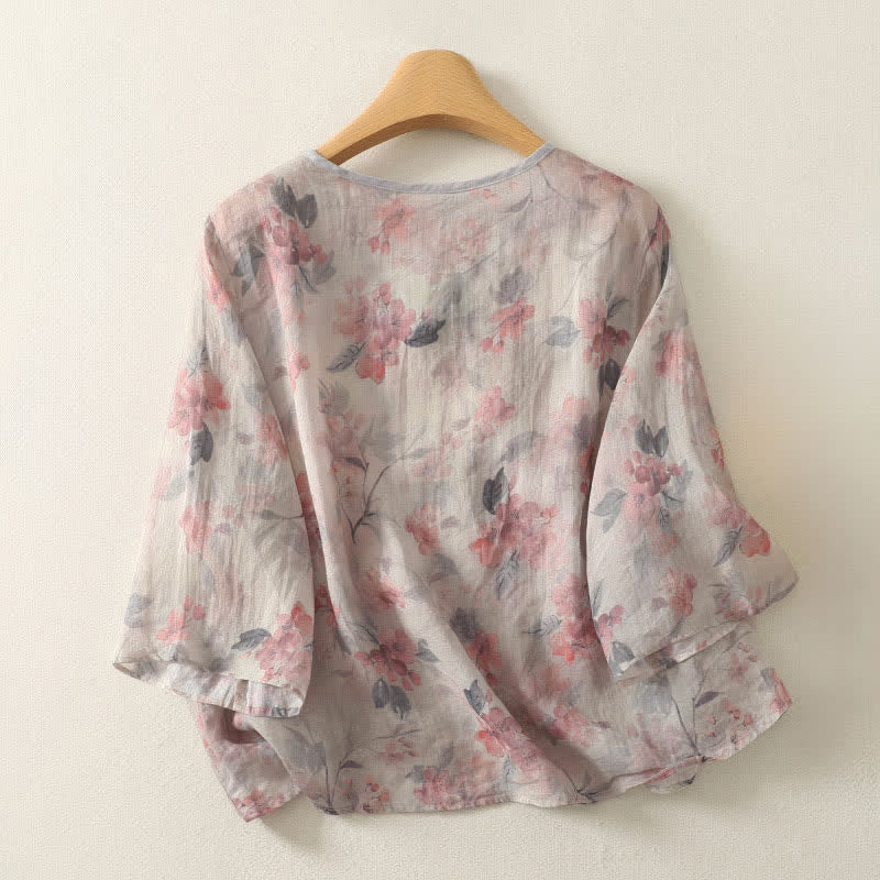 Buddha Stones Summer Tang Style Vintage Frog Button V-Neck Floral Women's Elbow-Length Sleeve Shirts - image 6