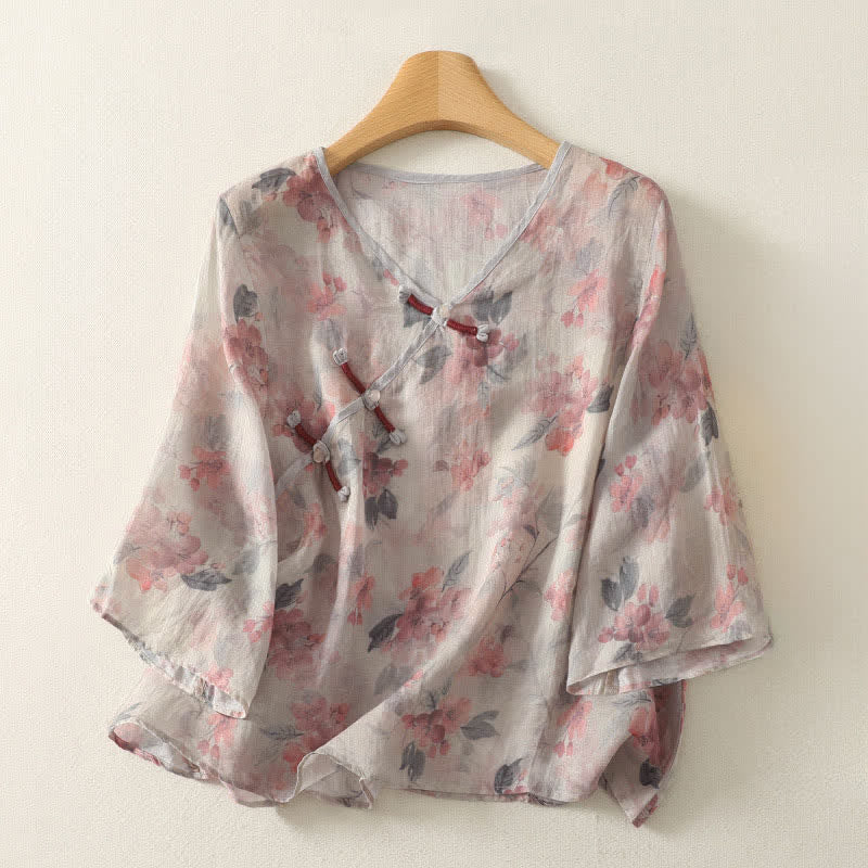 Buddha Stones Summer Tang Style Vintage Frog Button V-Neck Floral Women's Elbow-Length Sleeve Shirts - Beige - US12, UK/AU16, EU44 (3XL) - image 5