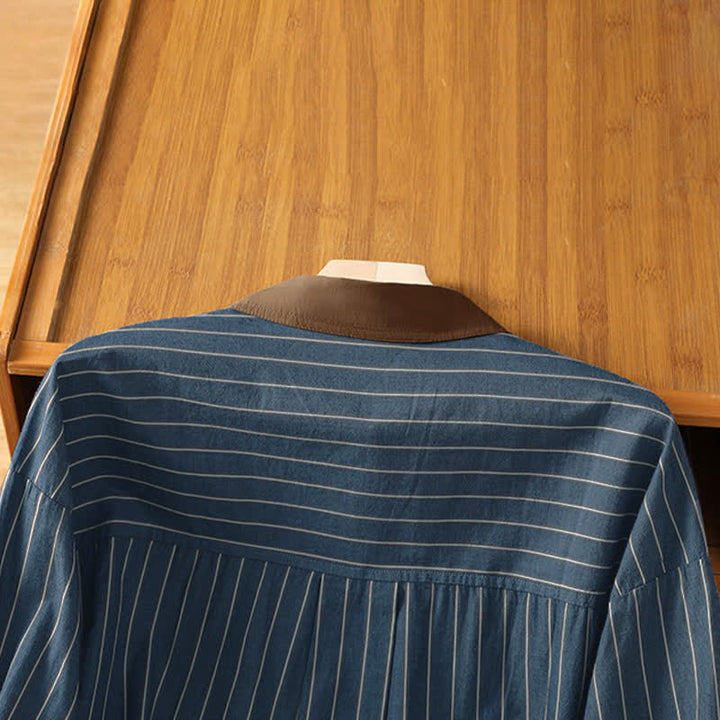 Buddha Stones Spring Summer Casual Minimalist Button-Up Striped Contrast Trim Women's Long Sleeve Shirts With Patch Pocket - image 13