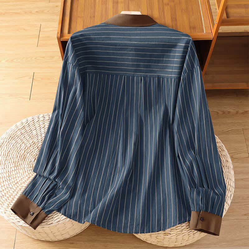 Buddha Stones Spring Summer Casual Minimalist Button-Up Striped Contrast Trim Women's Long Sleeve Shirts With Patch Pocket - image 11