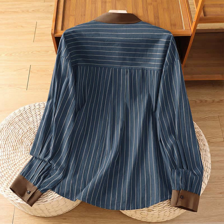 Buddha Stones Spring Summer Casual Minimalist Button-Up Striped Contrast Trim Women's Long Sleeve Shirts With Patch Pocket - image 11