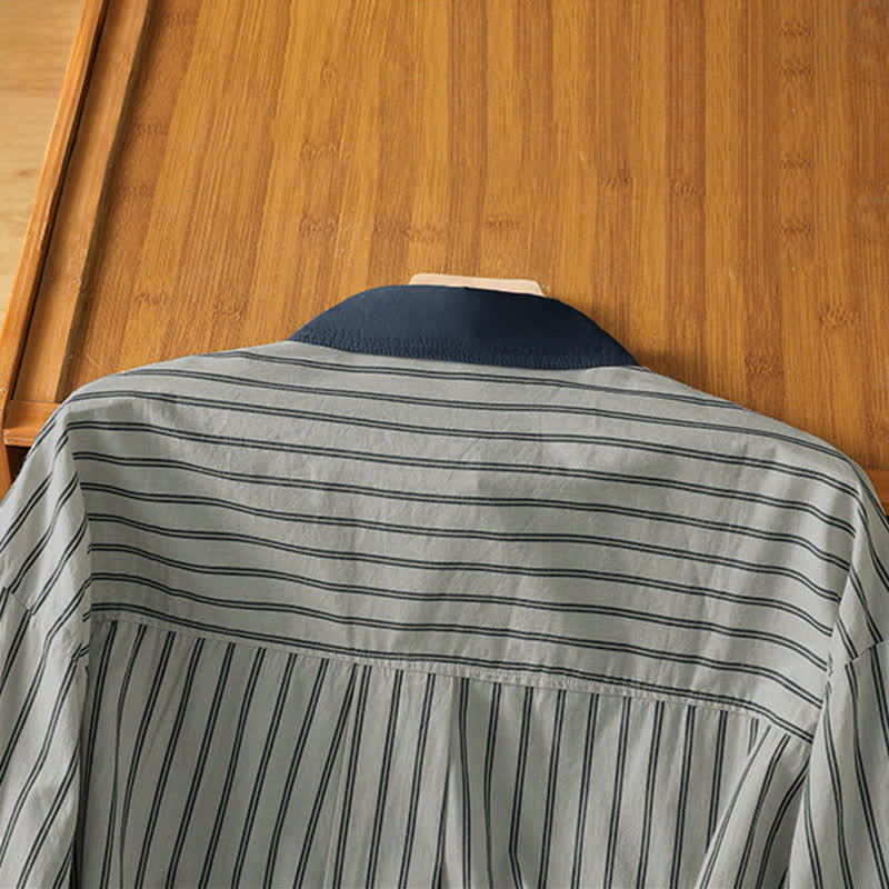 Buddha Stones Spring Summer Casual Minimalist Button-Up Striped Contrast Trim Women's Long Sleeve Shirts With Patch Pocket - image 4