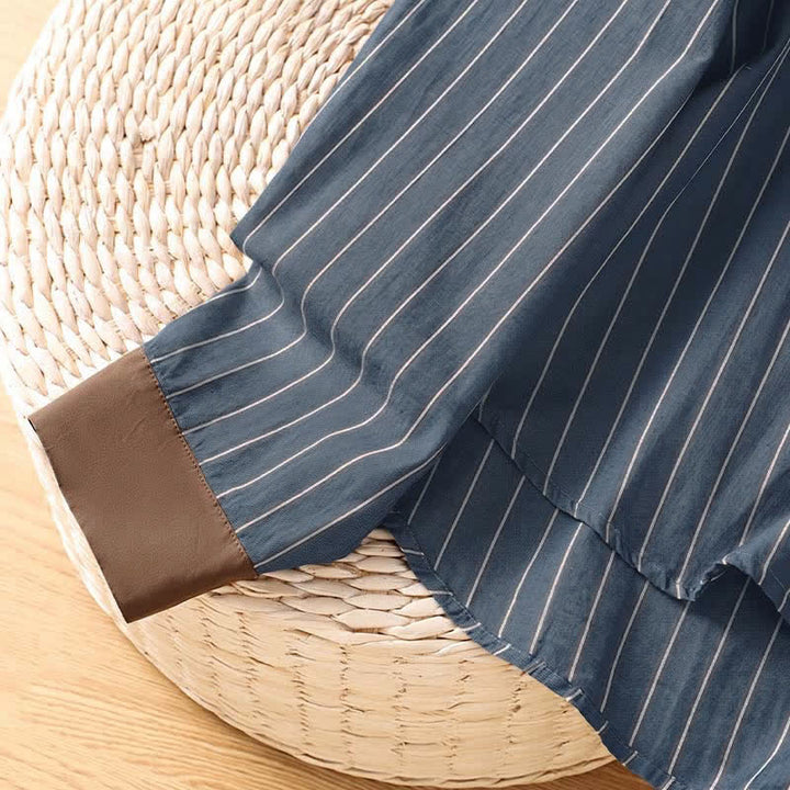 Buddha Stones Spring Summer Casual Minimalist Button-Up Striped Contrast Trim Women's Long Sleeve Shirts With Patch Pocket - image 14