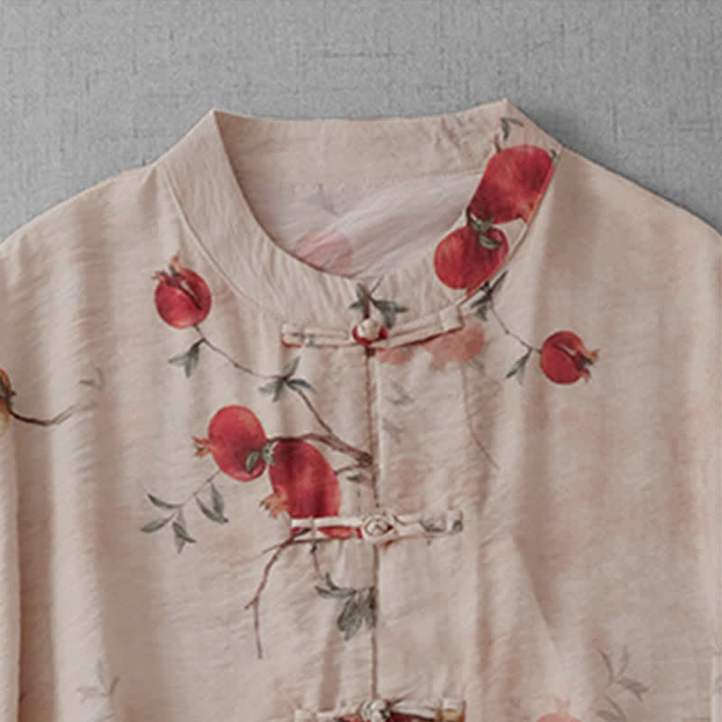 Buddha Stones Summer Tang Style Vintage Frog Button Pomegranate Print Women's Short Sleeve Shirts - image 2