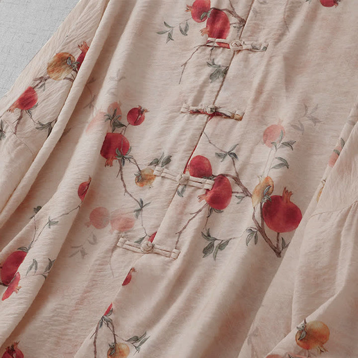 Buddha Stones Summer Tang Style Vintage Frog Button Pomegranate Print Women's Long Sleeve Shirts - image 3