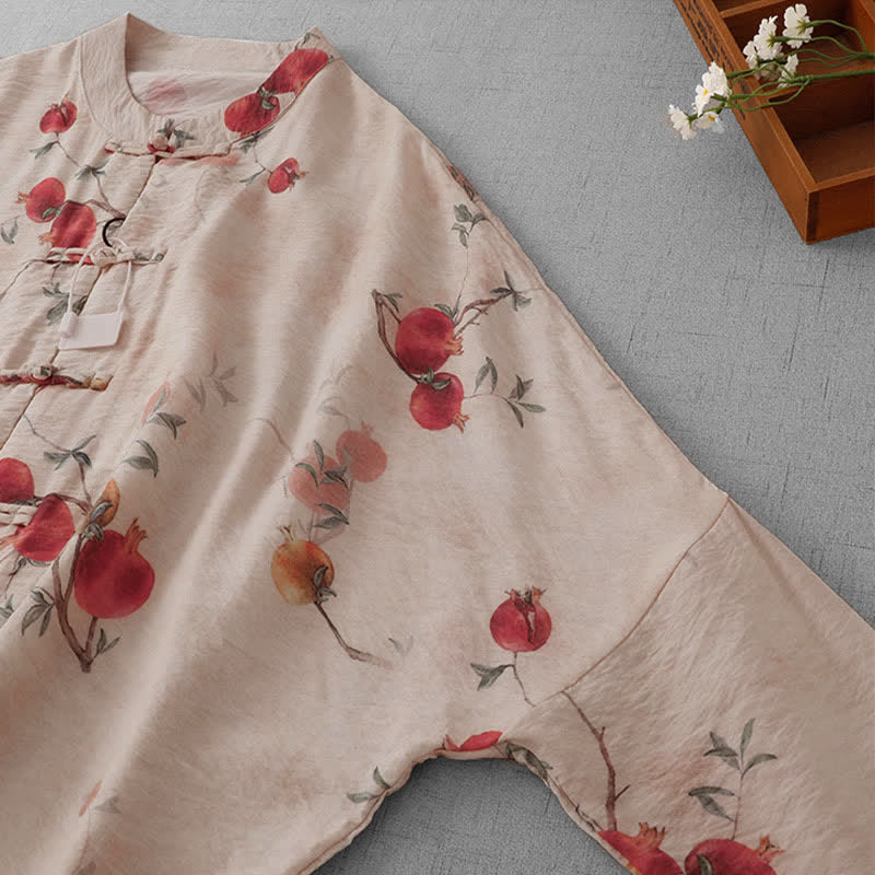 Buddha Stones Summer Tang Style Vintage Frog Button Pomegranate Print Women's Long Sleeve Shirts - image 5