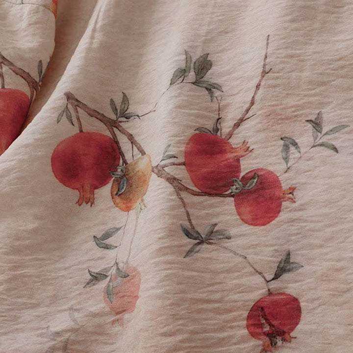 Buddha Stones Summer Tang Style Vintage Frog Button Pomegranate Print Women's Short Sleeve Shirts - image 9