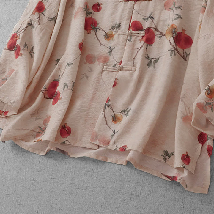 Buddha Stones Summer Tang Style Vintage Frog Button Pomegranate Print Women's Short Sleeve Shirts - image 4