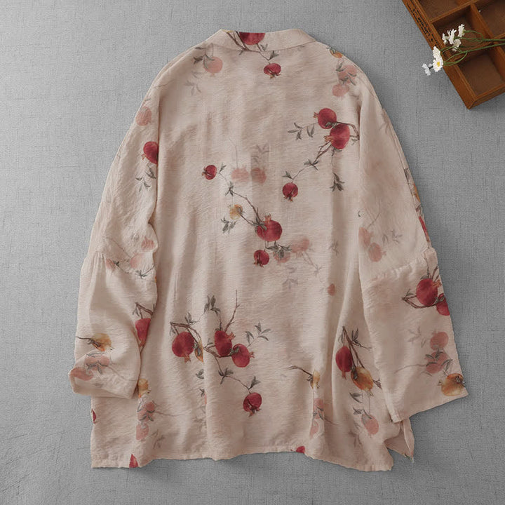 Buddha Stones Summer Tang Style Vintage Frog Button Pomegranate Print Women's Long Sleeve Shirts - image 1