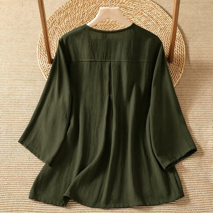 Buddha Stones Spring Casual Minimalist Button-Up Solid Women's Three-Quarter Sleeve Shirts With Patch Pocket - image 16