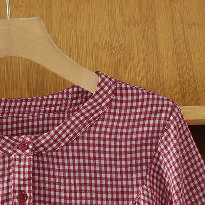 Buddha Stones Summer Casual Vintage Button-Up Red Plaid Crew Neck Women's Short Sleeve Shirts - image 6