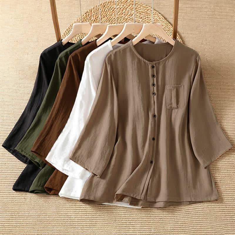 Buddha Stones Spring Casual Minimalist Button-Up Solid Women's Three-Quarter Sleeve Shirts With Patch Pocket - image 36
