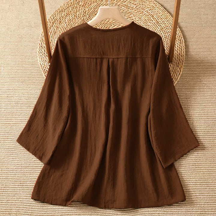 Buddha Stones Spring Casual Minimalist Button-Up Solid Women's Three-Quarter Sleeve Shirts With Patch Pocket - image 1