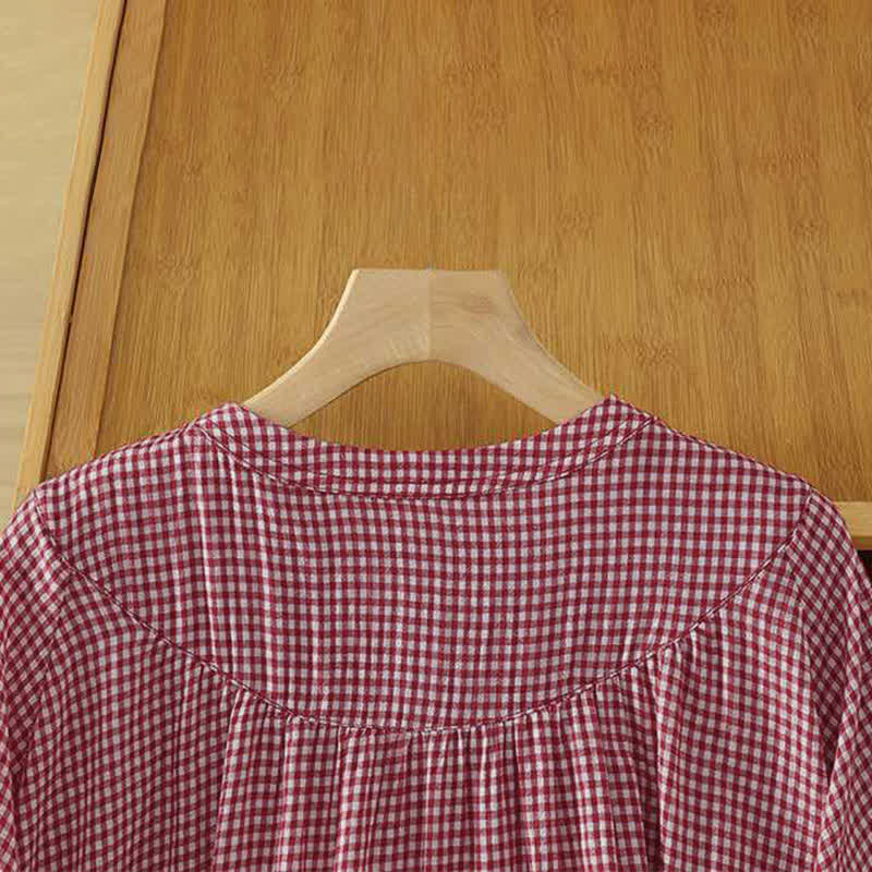 Buddha Stones Summer Casual Vintage Button-Up Red Plaid Crew Neck Women's Short Sleeve Shirts - image 4