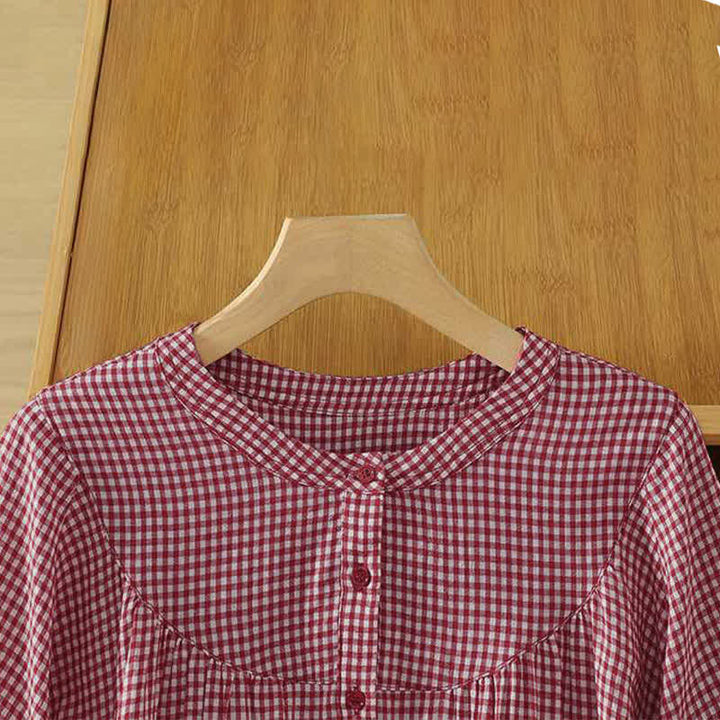 Buddha Stones Summer Casual Vintage Button-Up Red Plaid Crew Neck Women's Short Sleeve Shirts - image 3