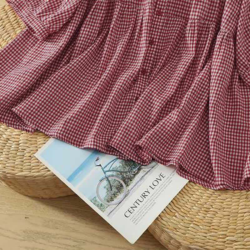 Buddha Stones Summer Casual Vintage Button-Up Red Plaid Crew Neck Women's Short Sleeve Shirts - image 8