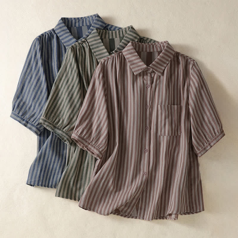 Buddha Stones Summer Casual Button-Up Striped Women's Short Sleeve Shirts With Patch Pocket - image 29