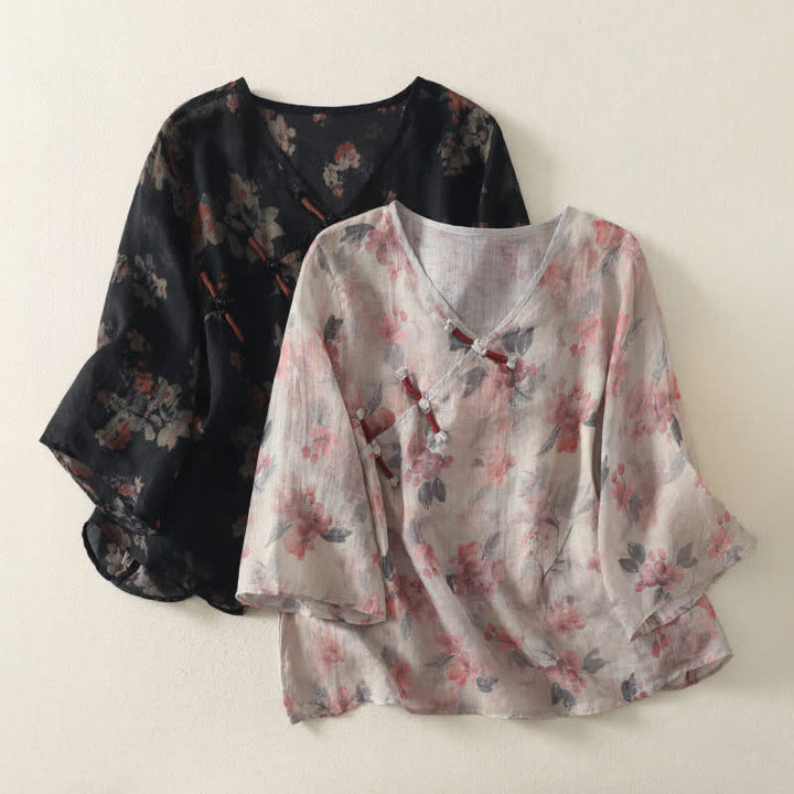 Buddha Stones Summer Tang Style Vintage Frog Button V-Neck Floral Women's Elbow-Length Sleeve Shirts - image 14