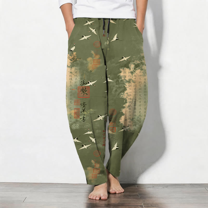 Buddha Stones Pure Cotton Crane Cloud Calligraphy Pattern Drawstring Men's Tapered Pants With Pockets - OliveDrab - US/UK/AU50，EU60 (5XL) - image 11