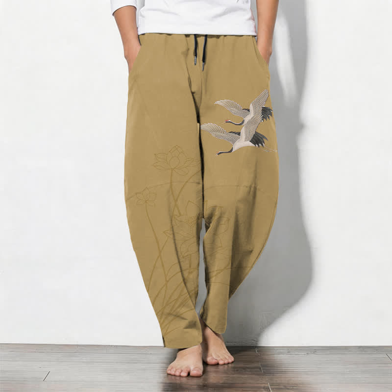 Buddha Stones Pure Cotton Flying Crane Lotus Pattern Drawstring Men's Tapered Pants With Pockets - DarkKhaki - US/UK/AU50，EU60 (5XL) - image 7