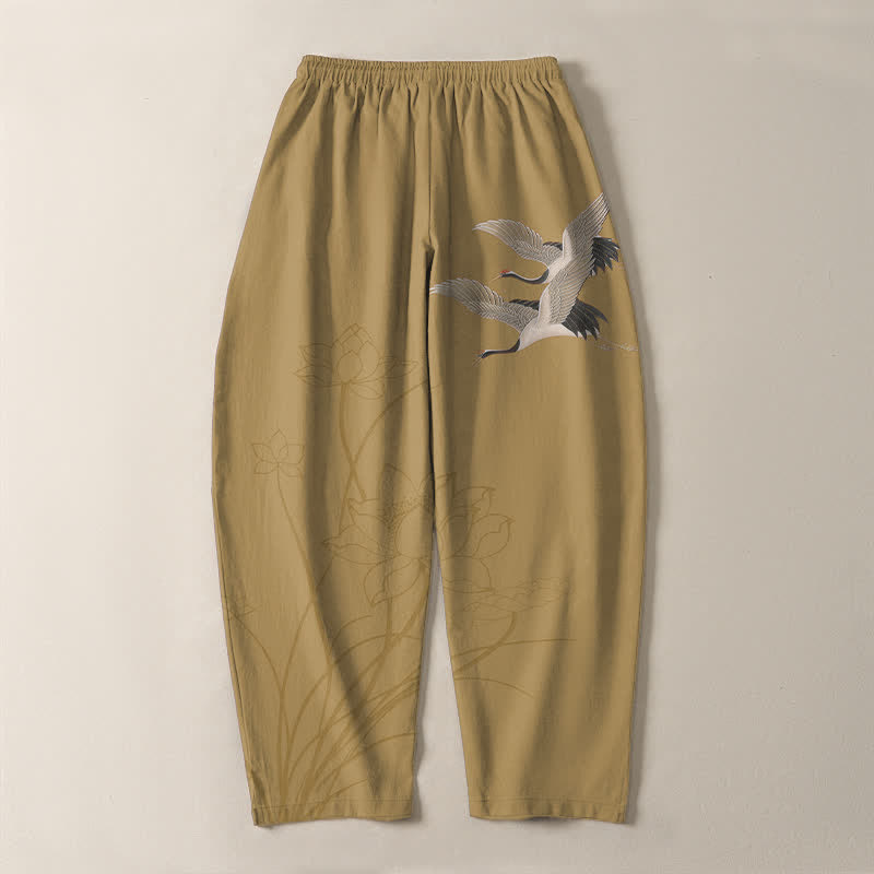 Buddha Stones Pure Cotton Flying Crane Lotus Pattern Drawstring Men's Tapered Pants With Pockets - image 10