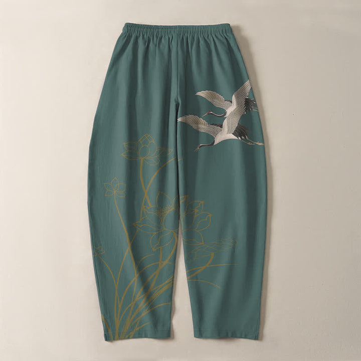 Buddha Stones Pure Cotton Flying Crane Lotus Pattern Drawstring Men's Tapered Pants With Pockets - image 14