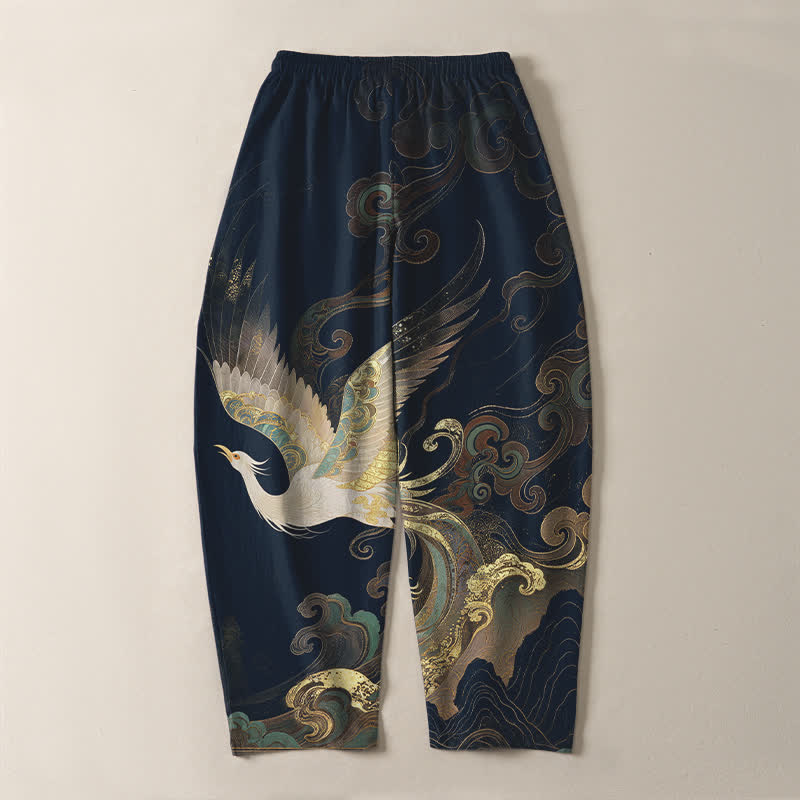 Buddha Stones Pure Cotton Crane Cloud Wave Pattern Drawstring Men's Tapered Pants With Pockets - image 10