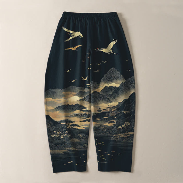Buddha Stones Pure Cotton Cloud Mountain Crane Pattern Drawstring Men's Tapered Pants With Pockets - image 3