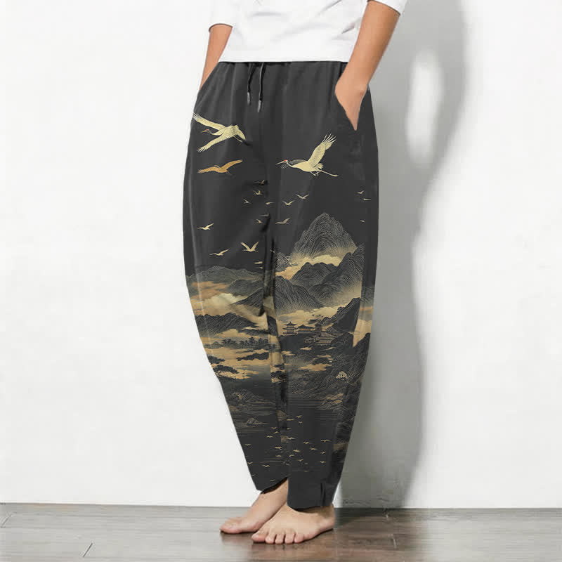 Buddha Stones Pure Cotton Cloud Mountain Crane Pattern Drawstring Men's Tapered Pants With Pockets - image 8