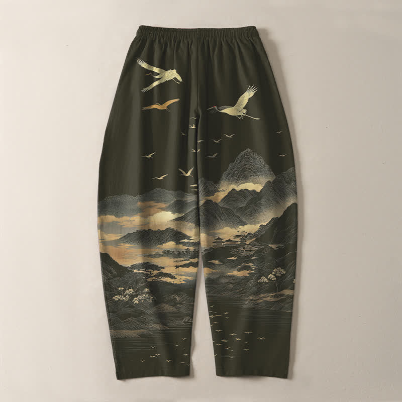 Buddha Stones Pure Cotton Cloud Mountain Crane Pattern Drawstring Men's Tapered Pants With Pockets - image 14