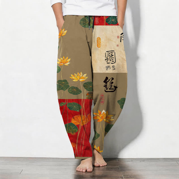 Buddha Stones Pure Cotton Lotus Calligraphy Patchwork Pattern Drawstring Men's Tapered Pants With Pockets - Tan - US/UK/AU50，EU60 (5XL) - image 7