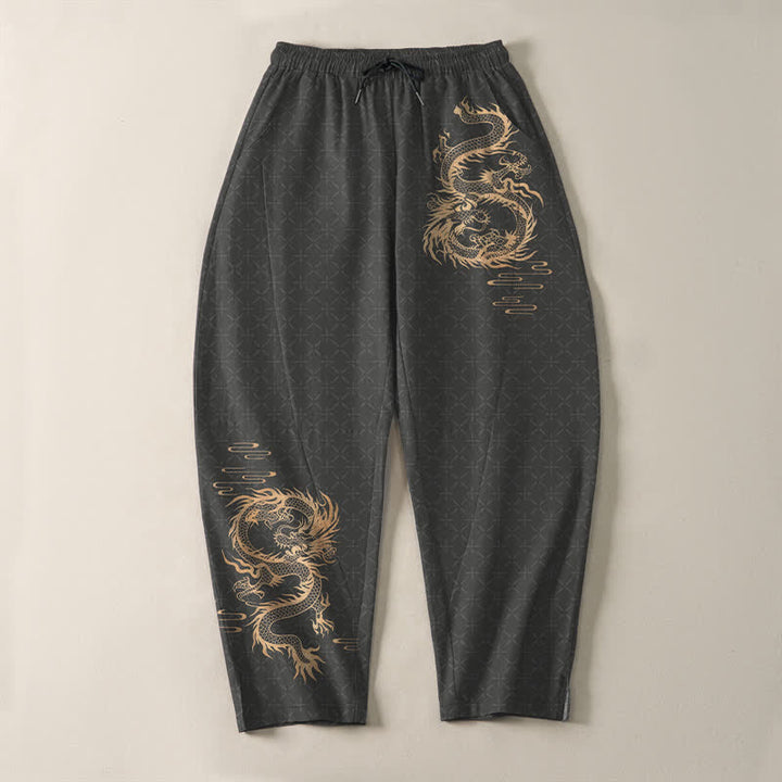 Buddha Stones Pure Cotton Golden Dragon Pattern Drawstring Men's Tapered Pants With Pockets - image 2