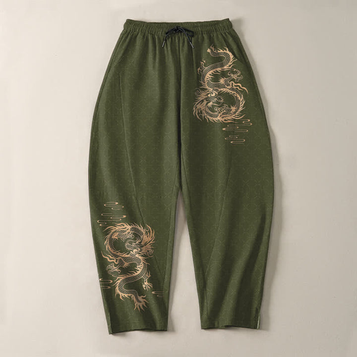 Buddha Stones Pure Cotton Golden Dragon Pattern Drawstring Men's Tapered Pants With Pockets - image 9