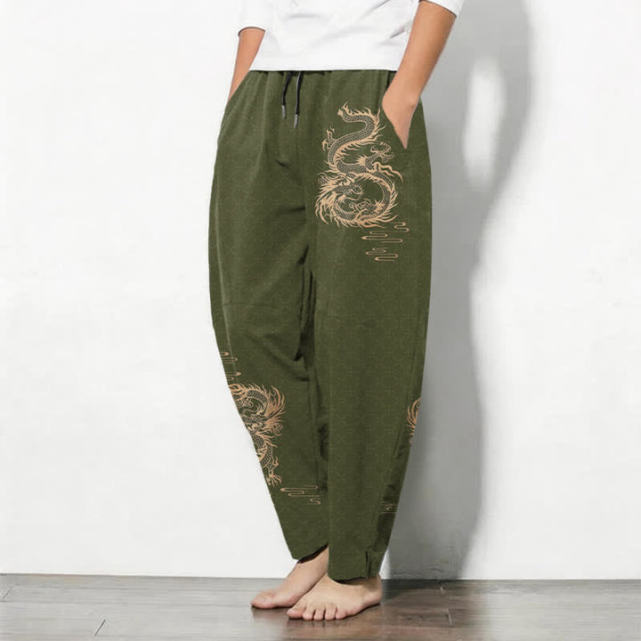 Buddha Stones Pure Cotton Golden Dragon Pattern Drawstring Men's Tapered Pants With Pockets - image 8